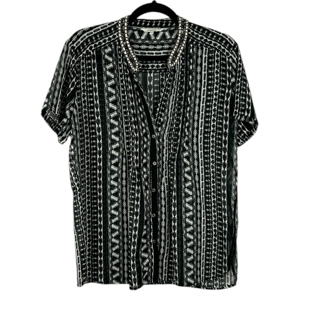 Sandwich Sheer Embellished Short Sleeve Button Front Blouse Size 40 Large Black